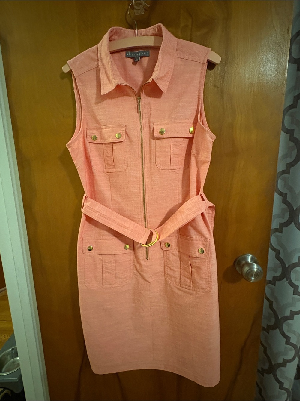 Sharagano Sleeveless Coral-Peach Zip Front Midi Dress